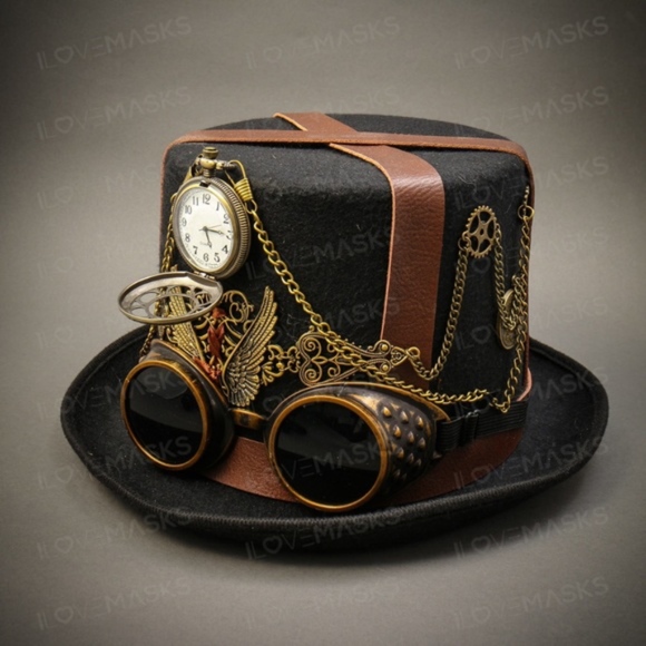 Steampunk Burning Man Top Hat with Goggles & Watch - Picture 1 of 5